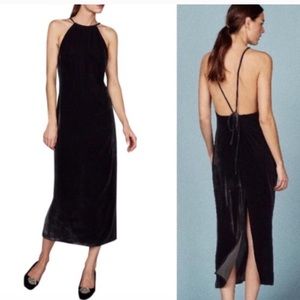 Reformation-Black Velvet Dress, High Neck Low Back